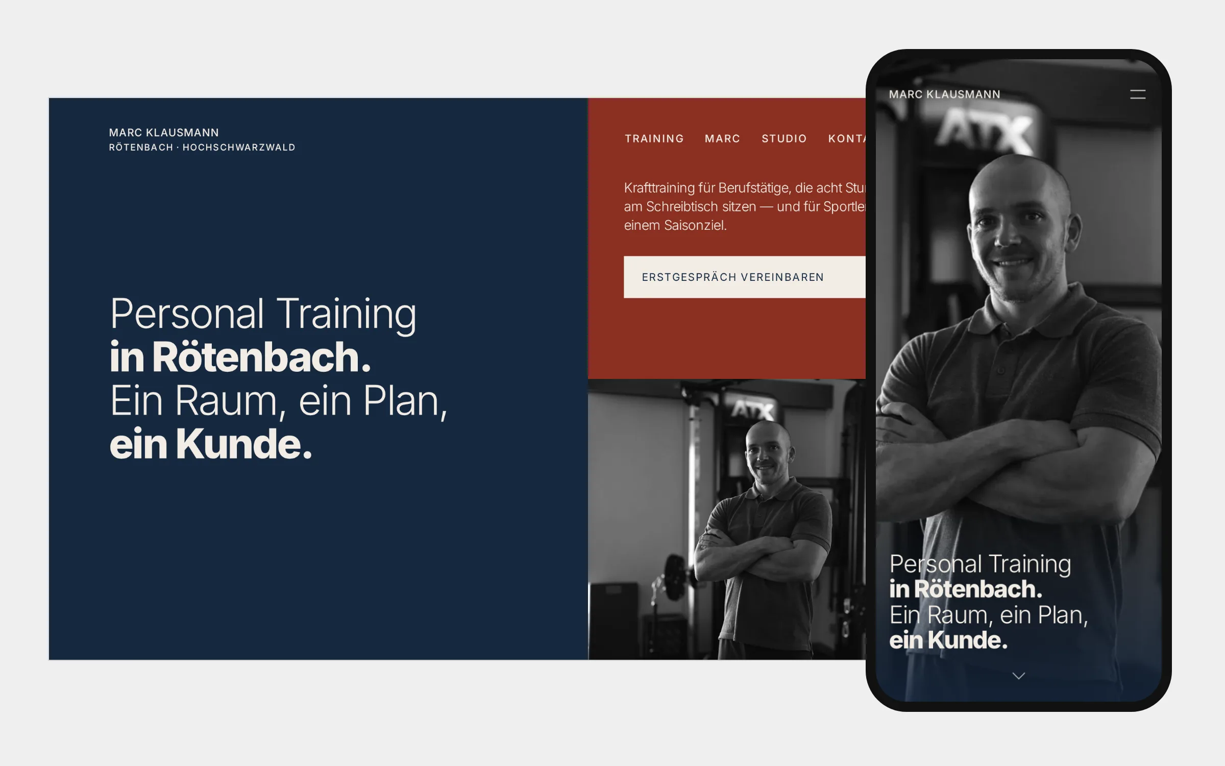 Startseite von mklausmann.de auf dem Rechner und auf dem Handy: „Personal Training in Rötenbach. Ein Raum, ein Plan, ein Kunde.“, daneben Marc Klausmann im Studio